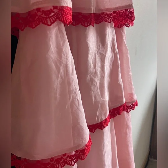 Hello Molly Blush Pink Tiered Maxi Dress with Red Lace - Picture 15 of 15